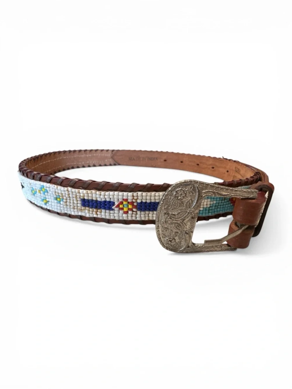 Southwestern Thunderbird Beaded Leather Brown VTG Belt Silver Unisex Sz 40 Aztec